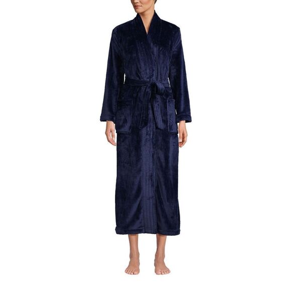 Land's End Cozy Plush Long Wrap Robe Inner Tie Polyester Soft Deep Navy Size Med - Picture 4 of 6